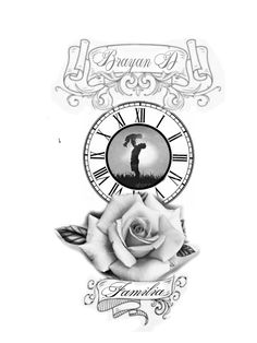 a drawing of a rose with an image of a man holding a clock