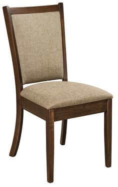 a wooden chair with a beige upholstered seat and back cushion on an isolated white background