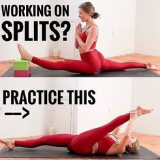 a woman in red doing yoga poses with the words working on splits? practice this