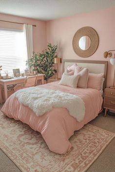 a bedroom with pink walls and white fur on the comforter, rugs and bedding