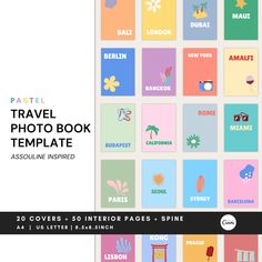 the travel photo book template has colorful squares with different colors and shapes on it, including flowers