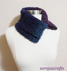 "Was $30 Ready to ship This lovely, hand knitted crochet collar cowl will keep you warm this winter. Crocheted from soft blended celestial stripe yarn for wonderful texture and comfort. 3 Buttons for closure. Can be worn in several ways as seen in photos. There is a lot of stretch to this cowl. One size fits all. Length    20\" Width       8.5\" Designed and handmade with love and care by Sornja. Never worn. Ready to ship from a smoke-free, clean  environment." Winter Crochet Knitting Pattern With Yarn, Winter Knitting Pattern In Purple Knit Fabrication, Winter Knitting Pattern In Purple, Chunky Cowls, Crochet Neck Warmer, Crochet Collar, Clean Environment, Cowl Scarf, Floral Necklace