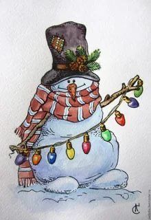 a watercolor painting of a snowman wearing a hat and scarf with christmas lights