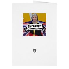 a white card with an image of a woman holding a gold medal and the words european champion on it