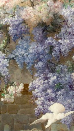 a painting of purple flowers and white doves in front of a stone wall with steps