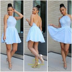 Light Blue Halter Neck Lace Bodice Chiffon Skirt Skater Cocktail Dress Mint Green Homecoming Dresses, Light Blue Homecoming Dresses, Green Homecoming Dress, Backless Lace Top, Dress With Lace Top, Homecoming Dress Short, Green Homecoming Dresses, Blue Homecoming Dresses, Short Homecoming Dress