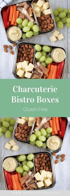 three tins filled with different types of food and the words charcuterie bistro boxes