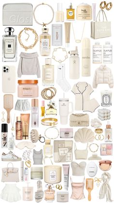 a collage of white and gold items including perfumes, rings, bracelets, necklaces