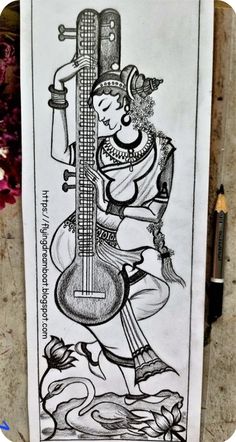 Sarswati Maa Drawings Pencil, Saraswati Maa Mandala Art, Saraswati Goddess Drawing Easy, Easy Saraswati Drawing, Maa Saraswati Drawing Sketch, Saraswati Maa Drawing Easy, Saraswati Goddess Paintings Easy, Swarasati Maa Drawing, Sarswati Maa Drawing Easy