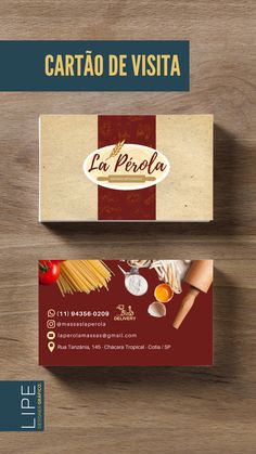 the business card is designed to look like it has pasta and sauces on it