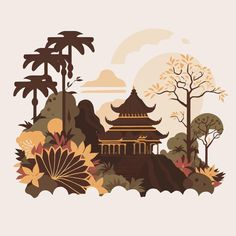 an illustration of a pagoda surrounded by trees and flowers