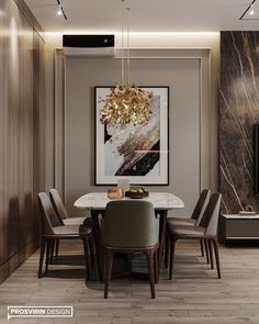 a modern dining room with marble table and chairs