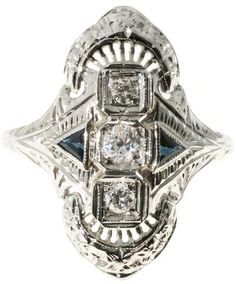 Art Deco 18K White Gold with 0.18ct. Diamond & Sapphire Filigree Ring Size 8 Filigree Diamond Ring, Rings White Gold, Filigree Ring Gold, Rings Diamond, White Gold Diamond Rings, Gold Filigree, Filigree Ring, Gold Diamond Rings, Designer Jewelry