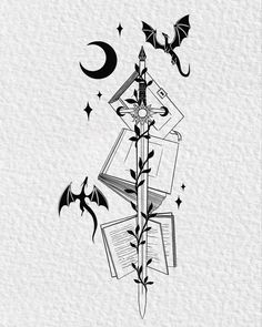 an artistic tattoo design with books, bats and stars in the sky on white paper