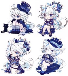 four different poses of an anime character with white hair and blue eyes, sitting on the ground