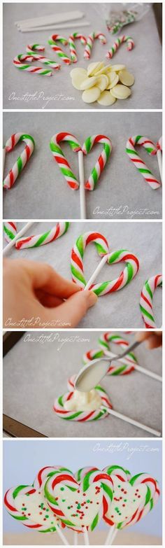 candy canes are being made into heart shaped lollipops