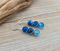 Blue Agate Earrings. Sterling Silver. Wired Earrings. Gifts For Women, Gifts For Her. Anniversary Gift, Birthday Gift, Blue Striped Agate by TreeTownPaper on Etsy Wired Earrings, Agate Earrings, Blue Agate, Women Gifts, Wire Earrings, Agate Stone, The Wire, Earrings Sterling Silver, Gift Birthday