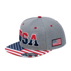 the usa snap back hat is shown with an american flag patch on the visor