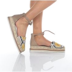 Snake Print Ankle Wrap Espadrille Platforms By Vince Camuto. Features A Snake-Embossed And Solid Leather Upper, Closed Almond Toe Capped With Jute-Wrapped Trim, Adjustable Instep Self-Ties With Back Zipper Closure For Easy On/Off, Lightly Cushioned Footbed, Jute-Wrapped Espadrille Midsole, And1-1/4" Wedge Heel. Condition: New With Box. Yellow Round Toe Espadrilles For Spring, Yellow Round Toe Espadrilles For Vacation, Yellow Espadrilles With Woven Sole, Yellow Closed Toe Espadrilles For Summer, Yellow Espadrilles With Woven Sole And Round Toe, Yellow Closed Toe Espadrilles For Vacation, Yellow Flat Heel Espadrilles For Beach, Espadrilles Platform, Ankle Wrap