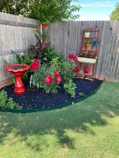 a small garden with flowers and plants in the center, next to a wooden fence