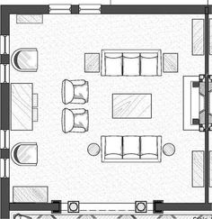 a drawing of a living room with couches and tables