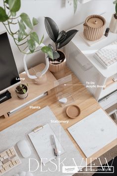 a desk with plants and other office supplies on it, including a desktop computer monitor