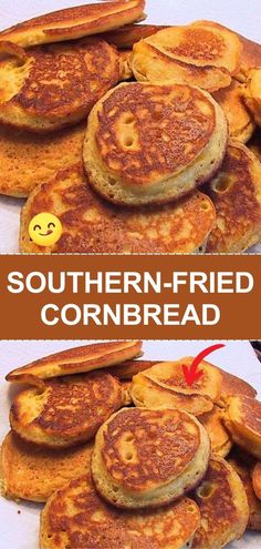 some pancakes are stacked on top of each other with the words southern fried cornbread