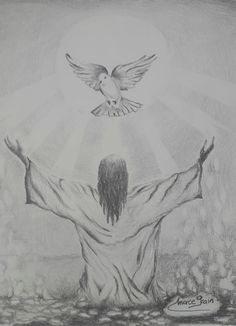 a drawing of jesus with his arms spread out and dove flying above him in the sky