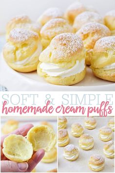 homemade cream puffs with powdered sugar on top and in the middle, sitting on a white platter