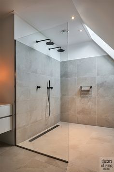 a walk in shower sitting next to a white sink and toilet under a skylight