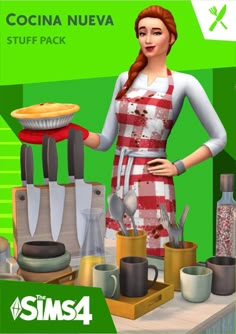 the woman is standing in front of some cooking utensils