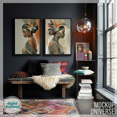 ✨ Present your artwork, designs, or photography in a striking and sophisticated setting with our Dark Gallery Wall Art Set Mockup. Designed with artists, designers, and photographers in mind, this mockup features double black frame set against a rich, dark interior. The space is adorned with colorful, textured pillows and a woven wall hanging, creating a cozy and eclectic atmosphere. This high-resolution mockup offers a perfect blend of modern elegance and artistic flair, making your creations s Eclectic Hallway, Wall Art Template, Eclectic Entryway, Frame Gallery Wall, Textured Pillows, Poster Mockup Psd, Mockup Frame, Modern Entryway, Dark Artwork