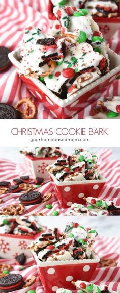 christmas cookie bark recipe in red and white dishes