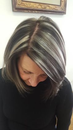 Wanda White-Ouellette, 58 of Bangor, decided to stop hiding her gray and instead enhance it with chunky swaths of silver. Hair Highlights And Lowlights, Hair Transition, Highlights Lowlights, Gray Hair Growing Out, Gray Hair Cuts, Grey Hair Styles For Women, Hair Gray, Transition To Gray Hair