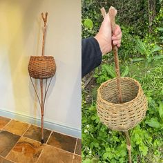 two pictures one has a basket and the other has a stick in it