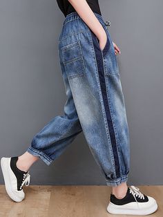 Description Constructed with high-quality cotton material and a vintage style, these spliced denim pants offer an elastic waist and solid pattern for a timeless look. With an ankle-length and convenient pockets, these pants are perfect for the autumn and spring seasons. Feature Item Code: 7369563209790 Material: 100%Cotton Style: Vintage Waist: Elastic Waist Pattern: Solid Length: Ankle-Length Details: Pockets Season: Autumn,Spring Washing Recommendations: At 40 or 60 degrees . Wash it with the Fur Sliders, Elastic Pants, Denim Pants Women, Denim Patterns, Dark Blue Jeans, Retro Outfits, Handmade Clothes, Colorful Fashion, Cotton Style