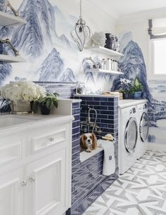 a dog is sitting in the washer next to a wallpapered laundry room