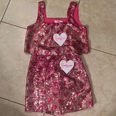 Sequin Heart Crop Top Sequin Heart Skirt Nwt Bought For Tswift Concert And Didn’t Wear Pink Sequin Skirt, Heart Crop Top, Heart Skirt, Skirt And Crop Top, Buddy Love, Neon Aesthetic, Pink Sequin, Sequin Skirt, Sequin