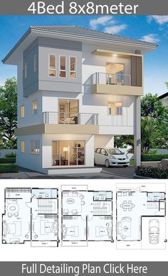 three story apartment building with four balconies on the second floor and an attached garage