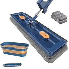 a blue floor polisher with two rollers and one cleaning mop next to it