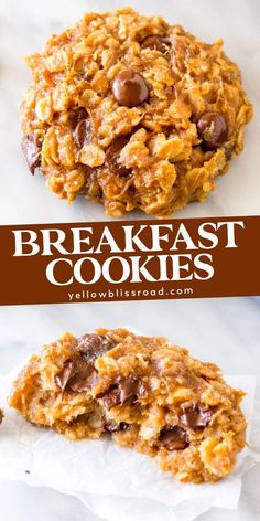 two cookies with chocolate chips on top and the words breakfast cookies above them are shown