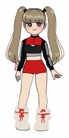 an anime character with long hair wearing red and black shorts, boots and tights