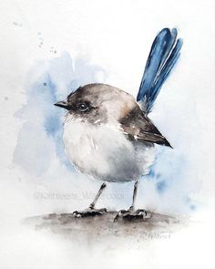 a watercolor painting of a bird with blue feathers on it's head and tail