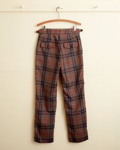 These trousers are made from deadstock wool, circa 1950s-1970s. We purchased this fabric from a tailor in Buffalo, NY, who closed his doors in the 1970s. He bought all his fabric from the UK and Italy. It had been sitting in his storage unit until we purchased it sixty years later. Hand-mending throughout. Side buckle Plaid Trousers, Trouser Pants Women, Buffalo Ny, The 1970s, Trouser Pants, Storage Unit, Trousers Women, The Uk, Casual Pants