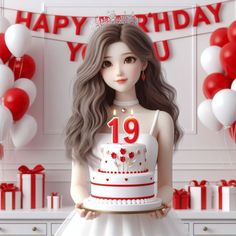 a girl holding a birthday cake with candles on it in front of red and white balloons