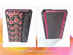 two boxes with pink flowers on them are next to each other, one is black and the other has white polka dots