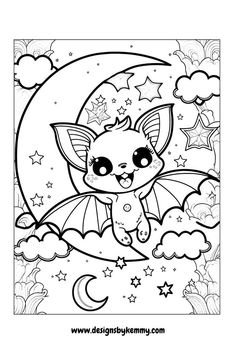 a cute little bat flying over the moon with stars and clouds in the night sky