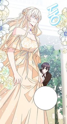 an anime character is standing next to a woman in a dress with flowers around her