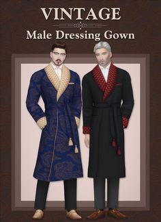 two men in coats and ties standing next to each other with the words vintage male dressing gown