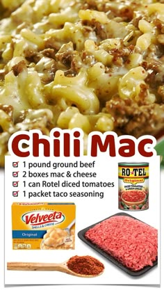 an advertisement for macaroni and cheese with the words chili mac in red on it